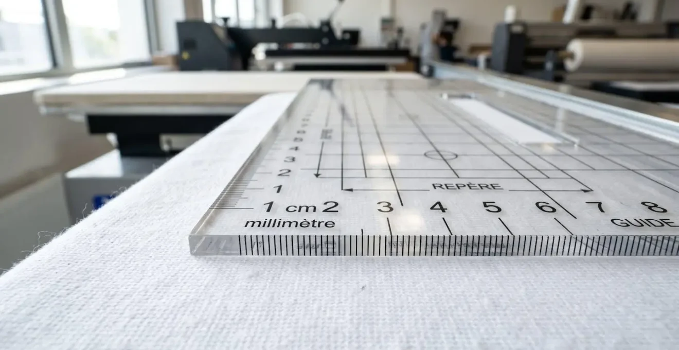 Détail d'un outil de mesure posé sur la surface d'un t-shirt professionnel blanc, matérialisant les repères de placement du marquage dans un atelier d'impression textile contemporain