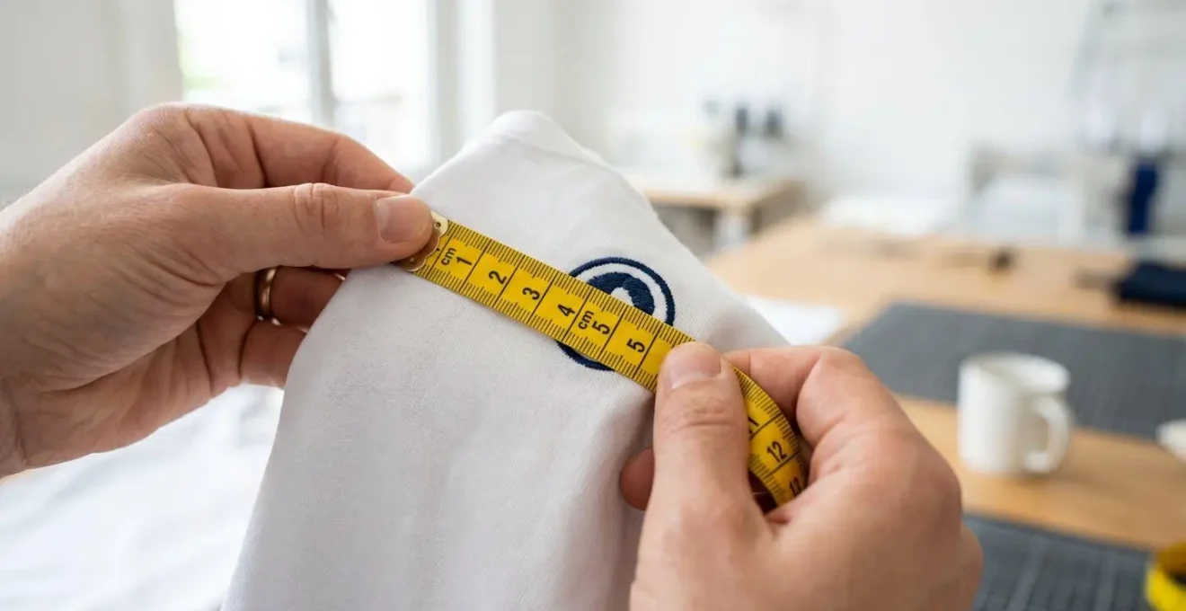 Gros plan sur des mains mesurant avec précision le placement d'un logo sur t-shirt professionnel à l'aide d'un mètre ruban dans un atelier lumineux