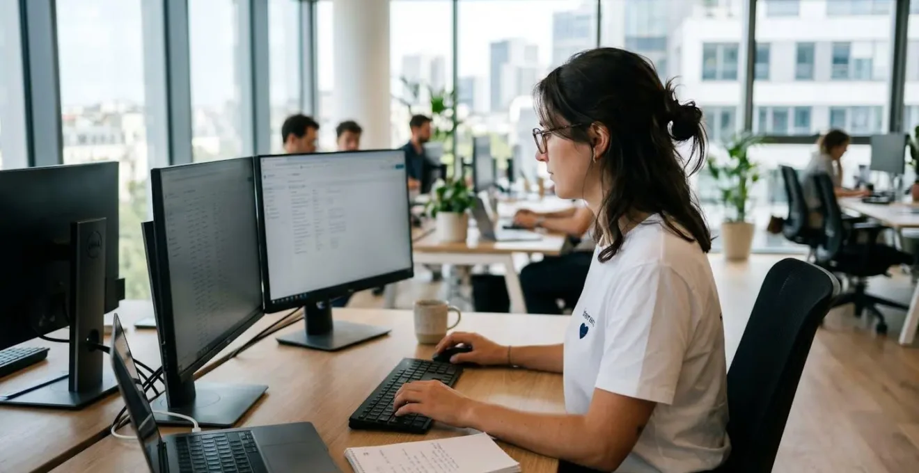 Professionnel vu de profil portant un t-shirt corporate blanc dans un environnement de bureau moderne lumineux, logo discret visible côté cœur lors d'une posture de travail naturelle