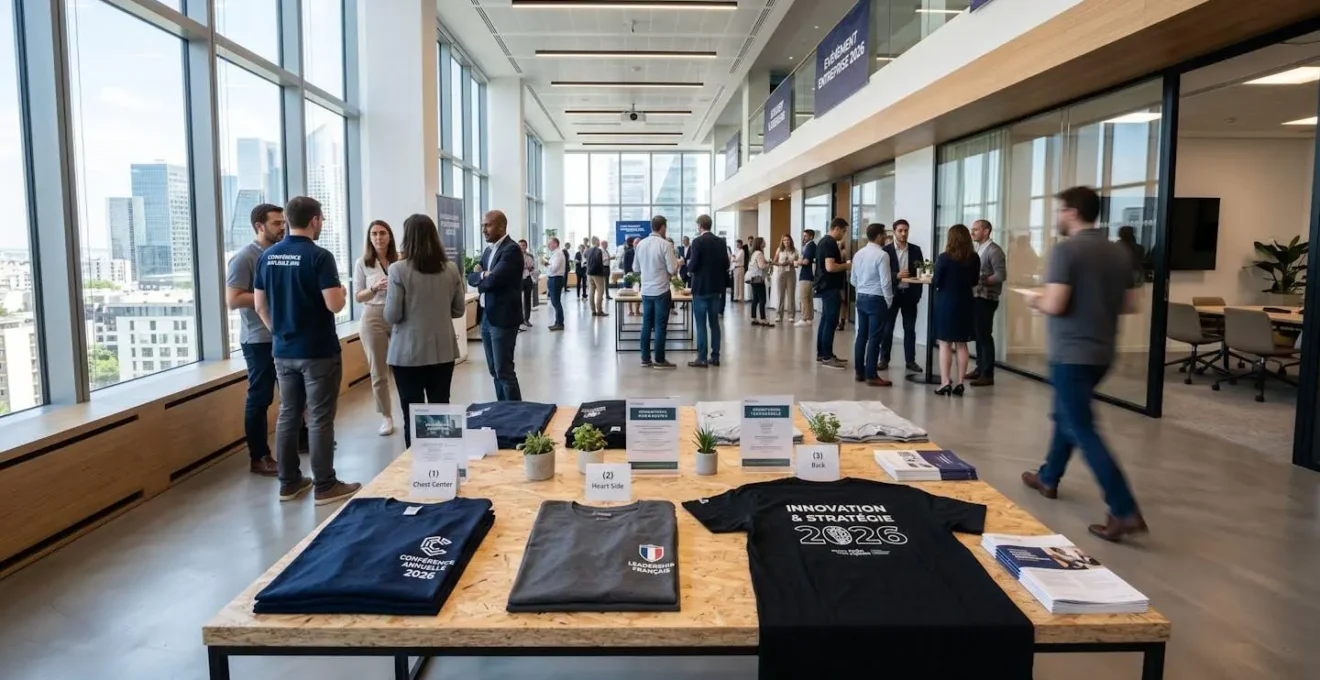 Table de présentation avec plusieurs t-shirts professionnels personnalisés exposant différents placements de logo sur fond d'espace événementiel moderne et lumineux