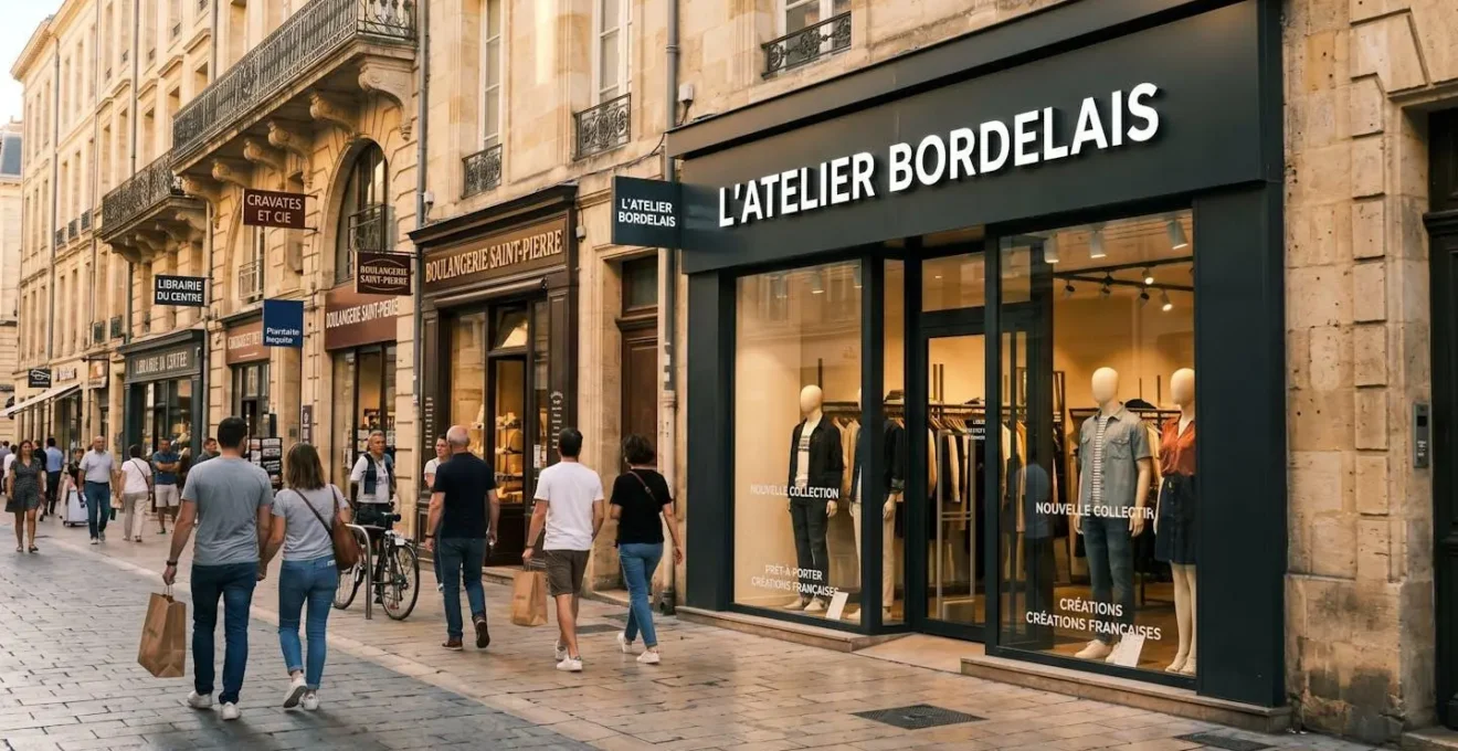 Façade moderne de boutique de prêt-à-porter avec enseigne lumineuse caisson lettres blanches, rue commerçante piétonne française en fin d'après-midi
