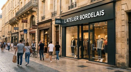 Façade moderne de boutique de prêt-à-porter avec enseigne lumineuse caisson lettres blanches, rue commerçante piétonne française en fin d'après-midi