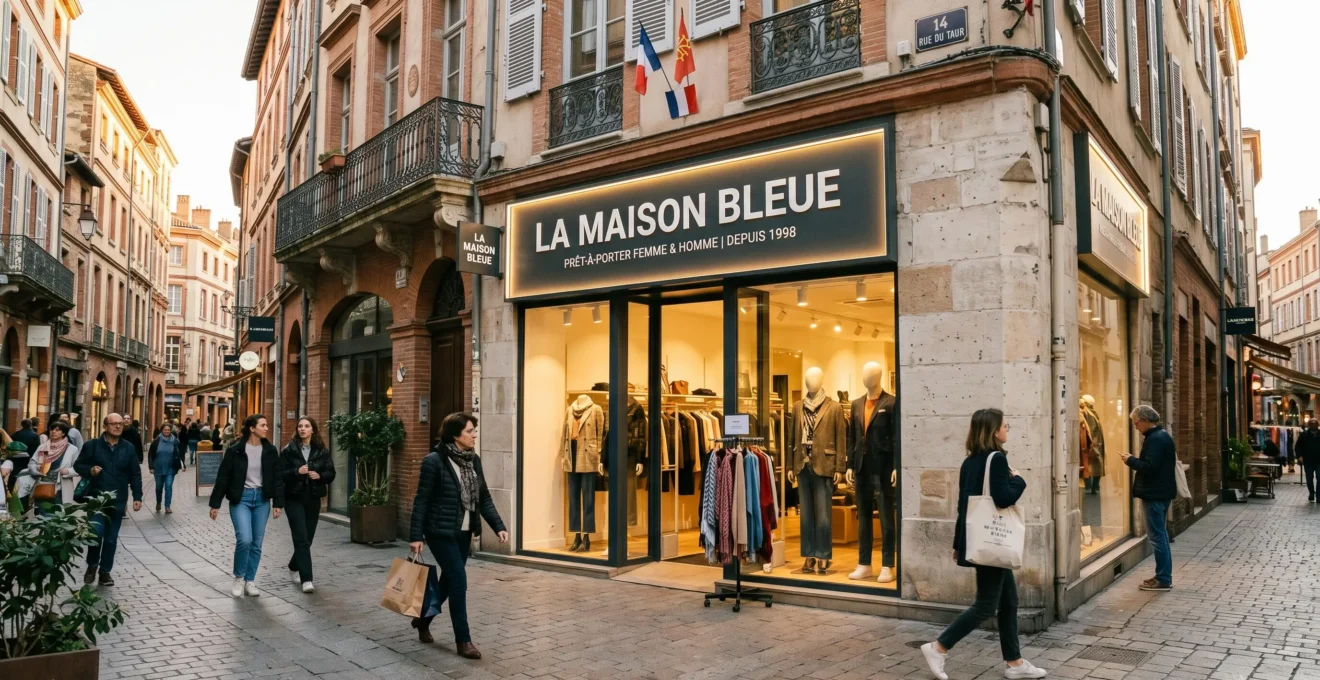 Façade moderne de boutique de prêt-à-porter avec enseigne lumineuse caisson lettres blanches, rue commerçante piétonne française en fin d'après-midi