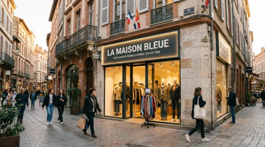 Façade moderne de boutique de prêt-à-porter avec enseigne lumineuse caisson lettres blanches, rue commerçante piétonne française en fin d'après-midi
