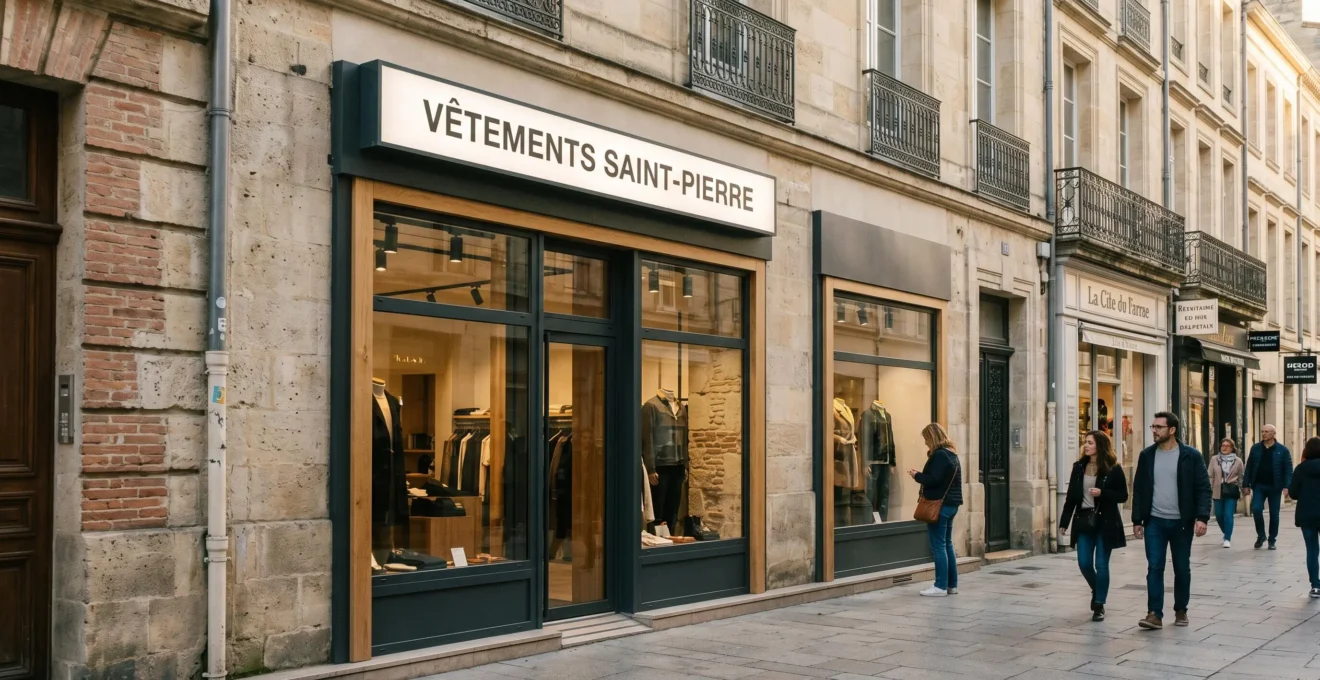Façade moderne de boutique de prêt-à-porter avec enseigne lumineuse caisson lettres blanches, rue commerçante piétonne française en fin d'après-midi