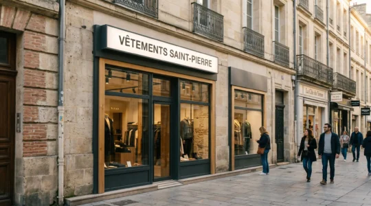 Façade moderne de boutique de prêt-à-porter avec enseigne lumineuse caisson lettres blanches, rue commerçante piétonne française en fin d'après-midi
