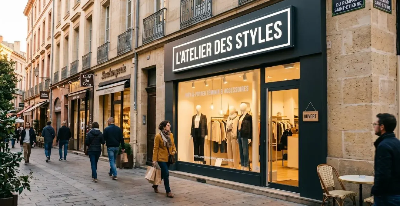 Façade moderne de boutique de prêt-à-porter avec enseigne lumineuse caisson lettres blanches, rue commerçante piétonne française en fin d'après-midi