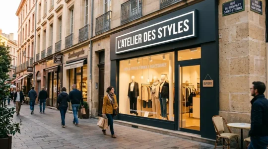 Façade moderne de boutique de prêt-à-porter avec enseigne lumineuse caisson lettres blanches, rue commerçante piétonne française en fin d'après-midi