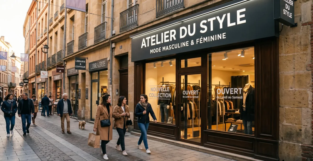 Façade moderne de boutique de prêt-à-porter avec enseigne lumineuse caisson lettres blanches, rue commerçante piétonne française en fin d'après-midi