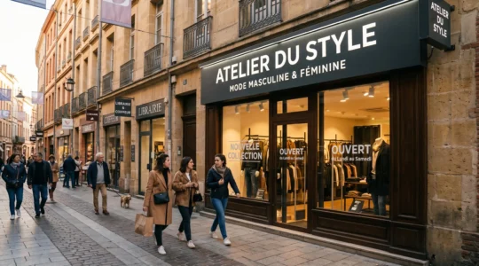 Façade moderne de boutique de prêt-à-porter avec enseigne lumineuse caisson lettres blanches, rue commerçante piétonne française en fin d'après-midi