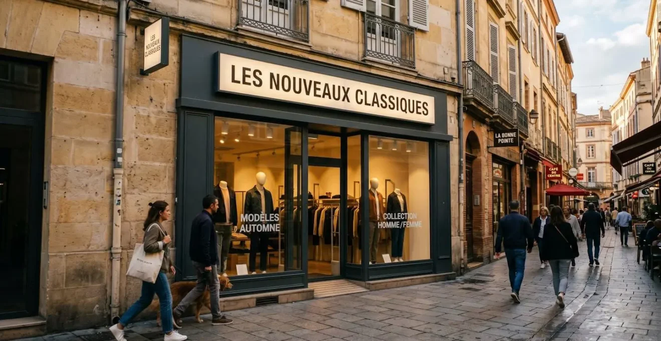 Façade moderne de boutique de prêt-à-porter avec enseigne lumineuse caisson lettres blanches, rue commerçante piétonne française en fin d'après-midi