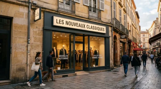 Façade moderne de boutique de prêt-à-porter avec enseigne lumineuse caisson lettres blanches, rue commerçante piétonne française en fin d'après-midi