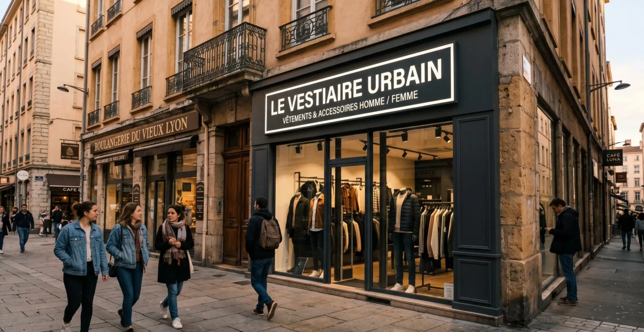 Façade moderne de boutique de prêt-à-porter avec enseigne lumineuse caisson lettres blanches, rue commerçante piétonne française en fin d'après-midi