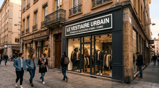 Façade moderne de boutique de prêt-à-porter avec enseigne lumineuse caisson lettres blanches, rue commerçante piétonne française en fin d'après-midi