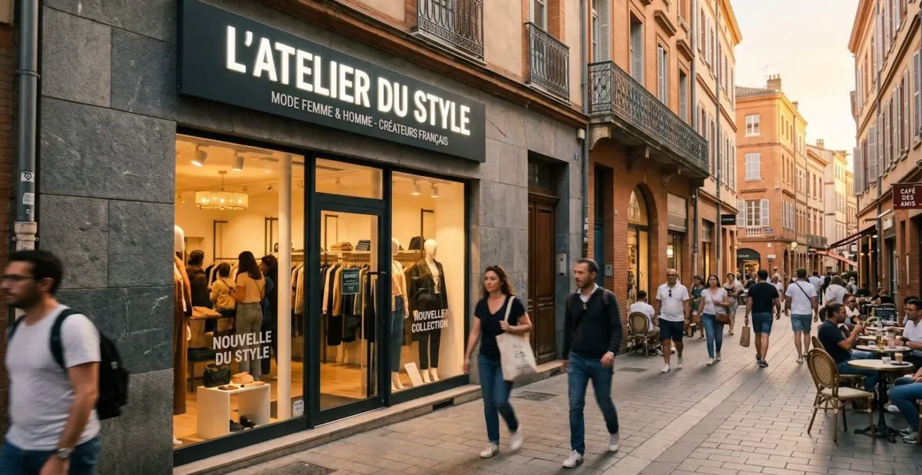 Façade moderne de boutique de prêt-à-porter avec enseigne lumineuse caisson lettres blanches, rue commerçante piétonne française en fin d'après-midi