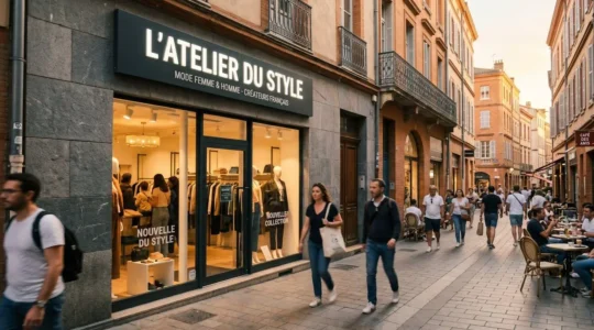 Façade moderne de boutique de prêt-à-porter avec enseigne lumineuse caisson lettres blanches, rue commerçante piétonne française en fin d'après-midi