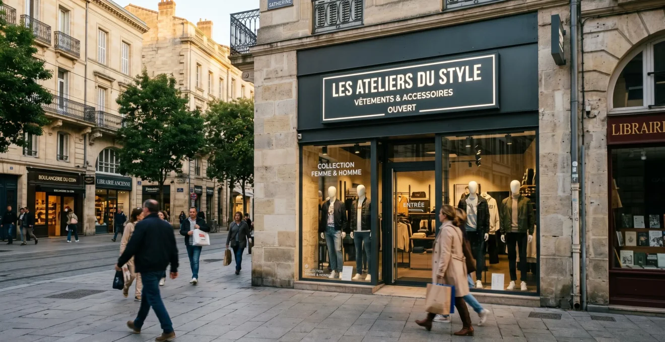 Façade moderne de boutique de prêt-à-porter avec enseigne lumineuse caisson lettres blanches, rue commerçante piétonne française en fin d'après-midi