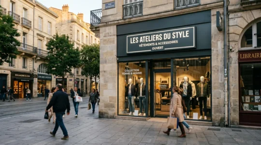 Façade moderne de boutique de prêt-à-porter avec enseigne lumineuse caisson lettres blanches, rue commerçante piétonne française en fin d'après-midi