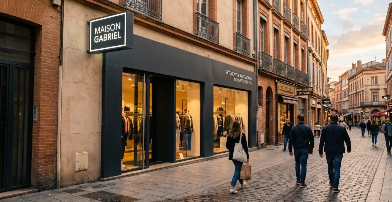 Façade moderne de boutique de prêt-à-porter avec enseigne lumineuse caisson lettres blanches, rue commerçante piétonne française en fin d'après-midi