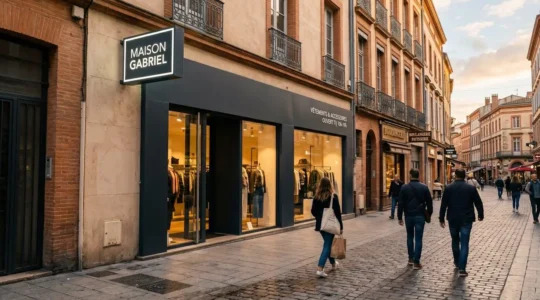 Façade moderne de boutique de prêt-à-porter avec enseigne lumineuse caisson lettres blanches, rue commerçante piétonne française en fin d'après-midi