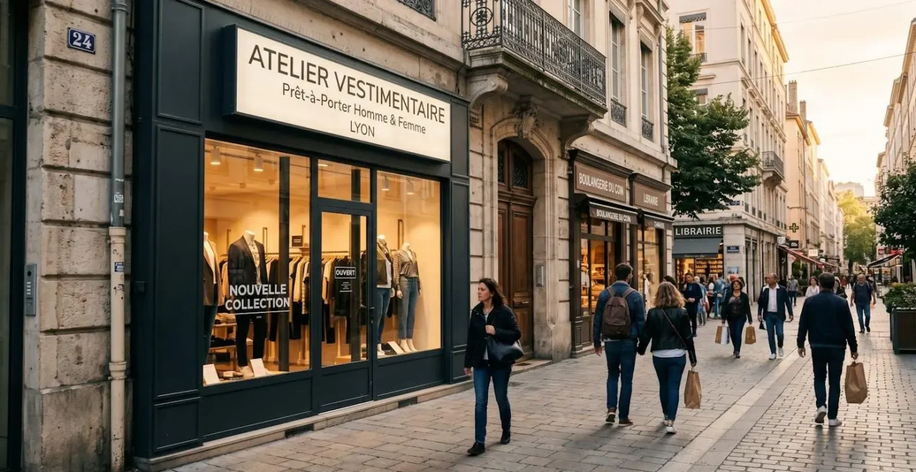 Façade moderne de boutique de prêt-à-porter avec enseigne lumineuse caisson lettres blanches, rue commerçante piétonne française en fin d'après-midi