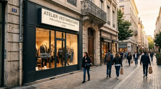 Façade moderne de boutique de prêt-à-porter avec enseigne lumineuse caisson lettres blanches, rue commerçante piétonne française en fin d'après-midi