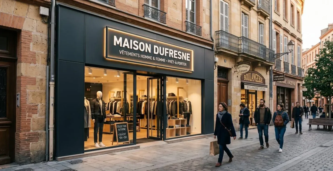 Façade moderne de boutique de prêt-à-porter avec enseigne lumineuse caisson lettres blanches, rue commerçante piétonne française en fin d'après-midi