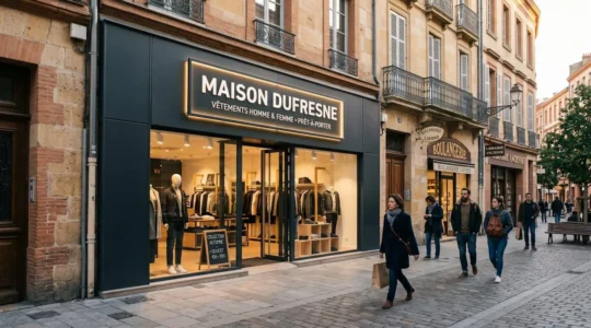 Façade moderne de boutique de prêt-à-porter avec enseigne lumineuse caisson lettres blanches, rue commerçante piétonne française en fin d'après-midi