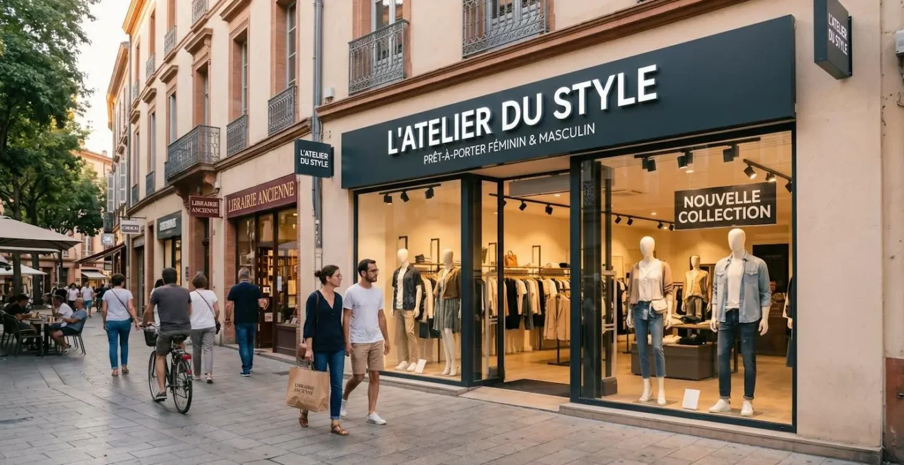 Façade moderne de boutique de prêt-à-porter avec enseigne lumineuse caisson lettres blanches, rue commerçante piétonne française en fin d'après-midi
