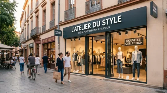 Façade moderne de boutique de prêt-à-porter avec enseigne lumineuse caisson lettres blanches, rue commerçante piétonne française en fin d'après-midi