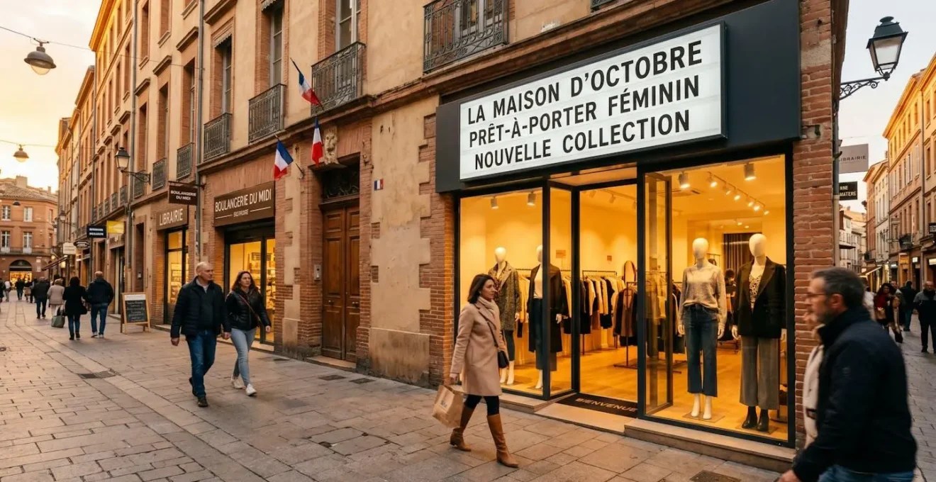 Façade moderne de boutique de prêt-à-porter avec enseigne lumineuse caisson lettres blanches, rue commerçante piétonne française en fin d'après-midi