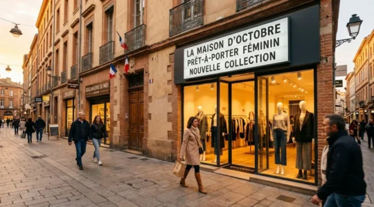 Façade moderne de boutique de prêt-à-porter avec enseigne lumineuse caisson lettres blanches, rue commerçante piétonne française en fin d'après-midi