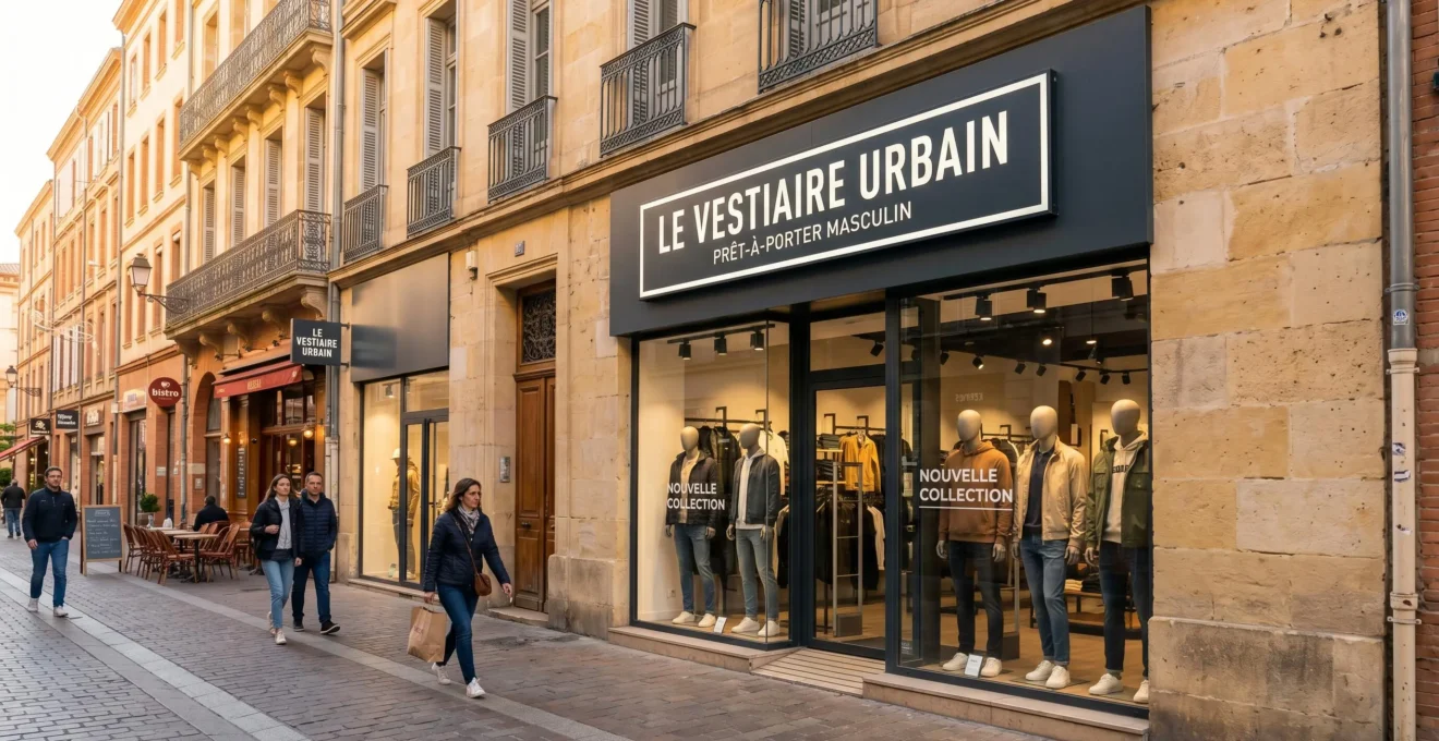 Façade moderne de boutique de prêt-à-porter avec enseigne lumineuse caisson lettres blanches, rue commerçante piétonne française en fin d'après-midi