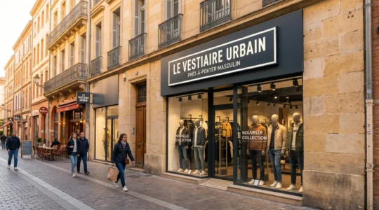 Façade moderne de boutique de prêt-à-porter avec enseigne lumineuse caisson lettres blanches, rue commerçante piétonne française en fin d'après-midi