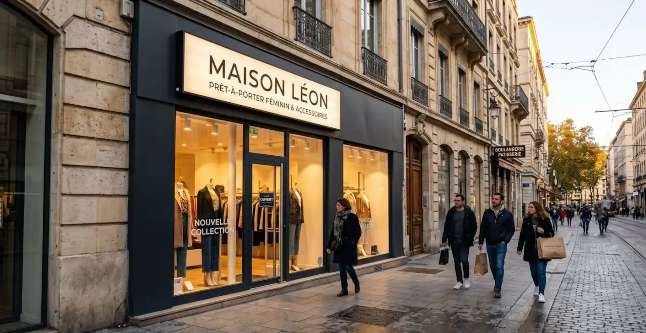Façade moderne de boutique de prêt-à-porter avec enseigne lumineuse caisson lettres blanches, rue commerçante piétonne française en fin d'après-midi