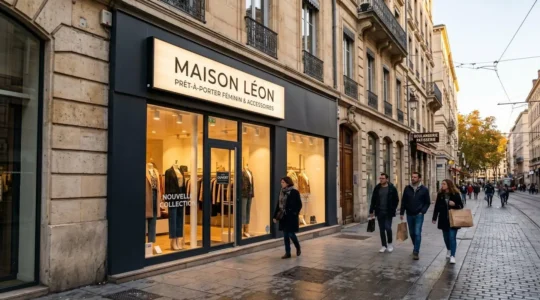 Façade moderne de boutique de prêt-à-porter avec enseigne lumineuse caisson lettres blanches, rue commerçante piétonne française en fin d'après-midi