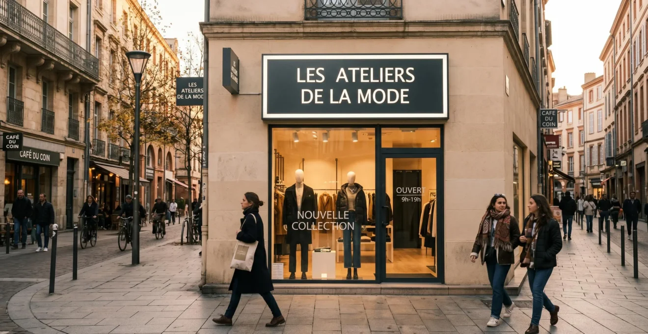 Façade moderne de boutique de prêt-à-porter avec enseigne lumineuse caisson lettres blanches, rue commerçante piétonne française en fin d'après-midi