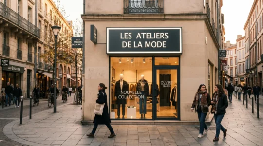 Façade moderne de boutique de prêt-à-porter avec enseigne lumineuse caisson lettres blanches, rue commerçante piétonne française en fin d'après-midi
