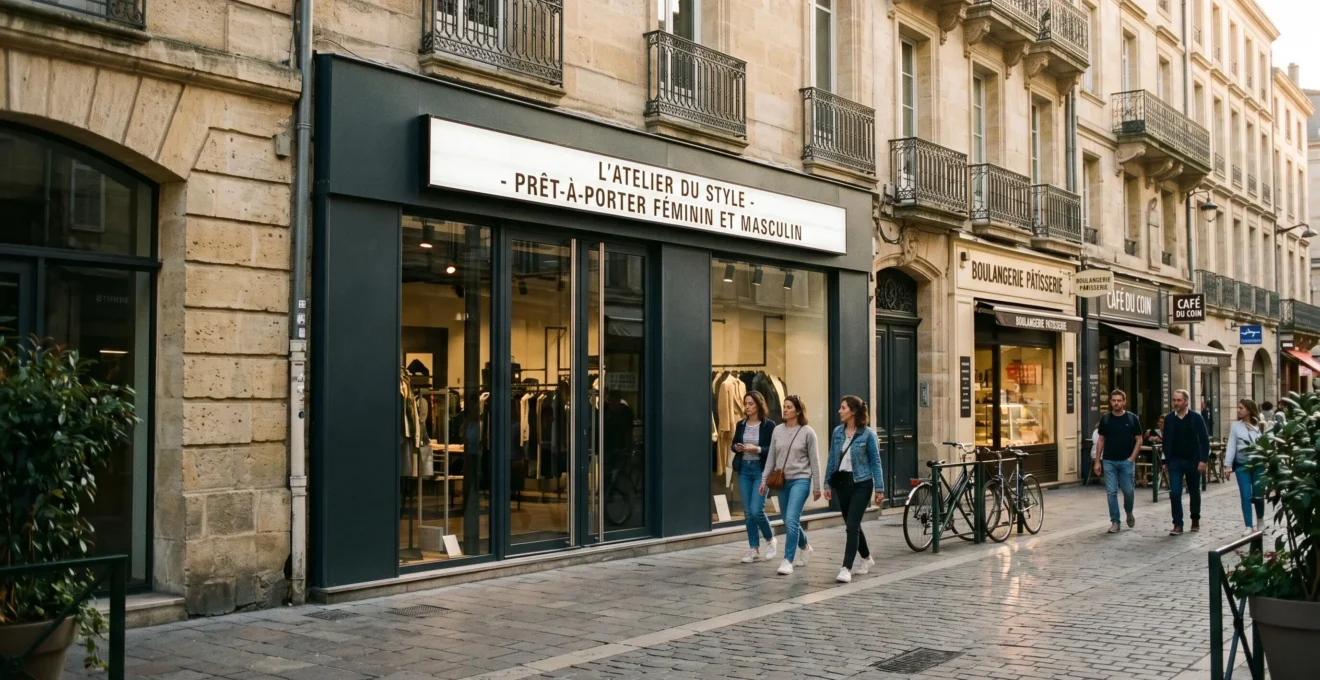 Façade moderne de boutique de prêt-à-porter avec enseigne lumineuse caisson lettres blanches, rue commerçante piétonne française en fin d'après-midi