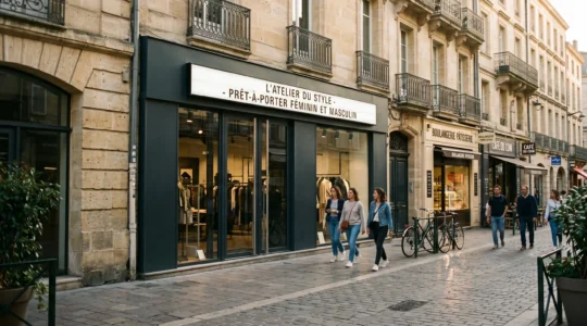Façade moderne de boutique de prêt-à-porter avec enseigne lumineuse caisson lettres blanches, rue commerçante piétonne française en fin d'après-midi