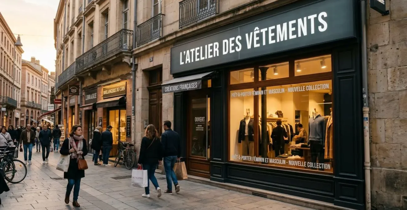 Façade moderne de boutique de prêt-à-porter avec enseigne lumineuse caisson lettres blanches, rue commerçante piétonne française en fin d'après-midi