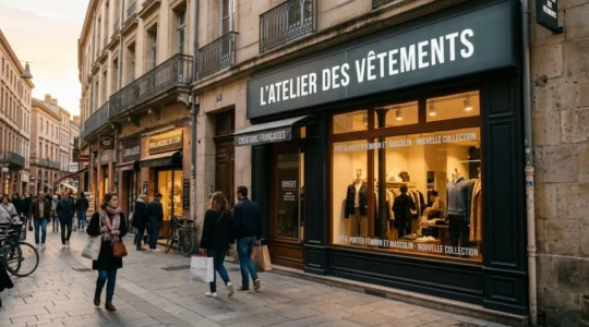 Façade moderne de boutique de prêt-à-porter avec enseigne lumineuse caisson lettres blanches, rue commerçante piétonne française en fin d'après-midi