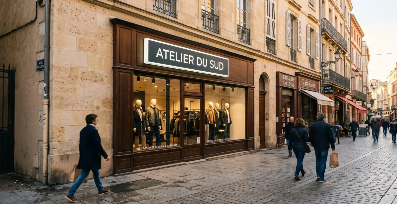 Façade moderne de boutique de prêt-à-porter avec enseigne lumineuse caisson lettres blanches, rue commerçante piétonne française en fin d'après-midi