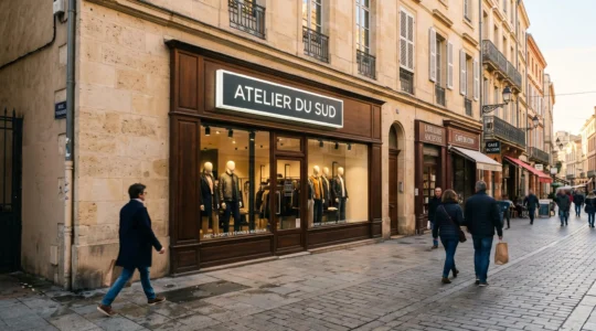 Façade moderne de boutique de prêt-à-porter avec enseigne lumineuse caisson lettres blanches, rue commerçante piétonne française en fin d'après-midi