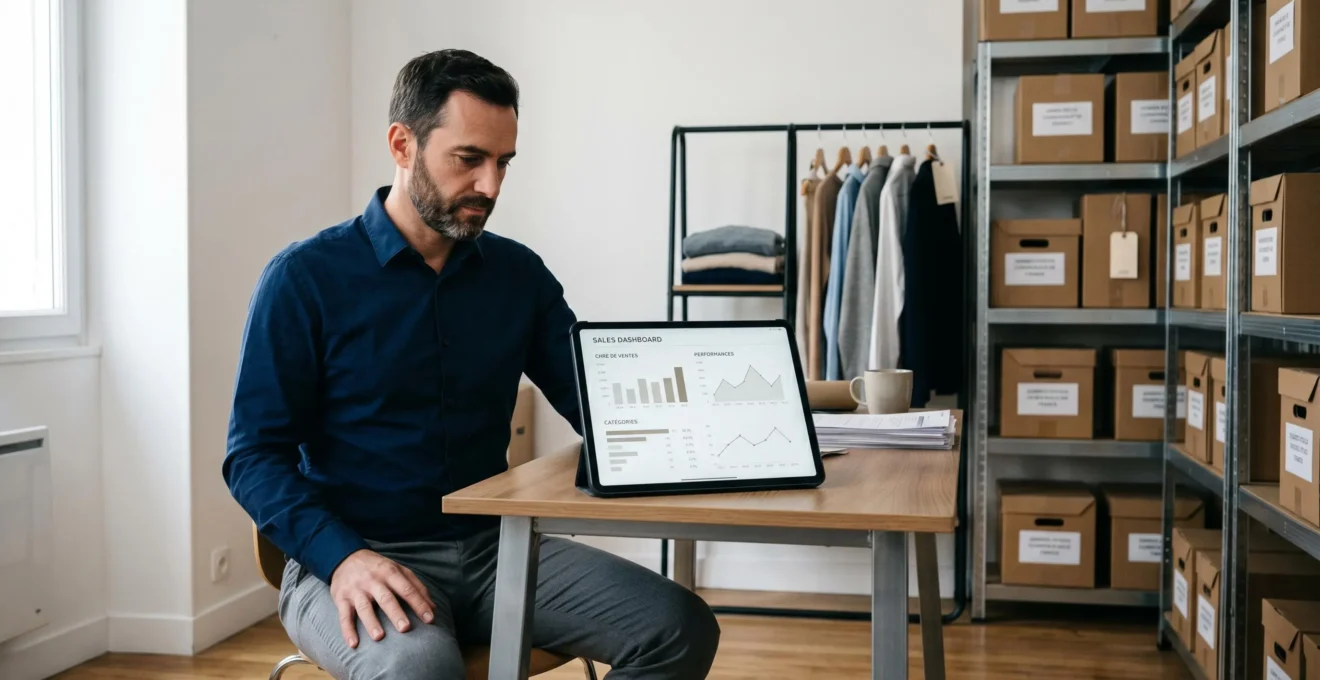 Gérant de boutique de prêt-à-porter consultant un tableau de bord de ventes sur tablette dans l'espace bureau de son commerce