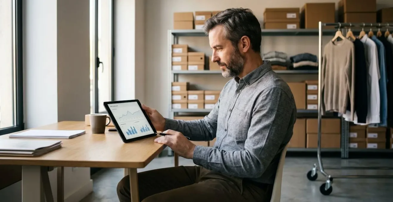 Gérant de boutique de prêt-à-porter consultant un tableau de bord de ventes sur tablette dans l'espace bureau de son commerce