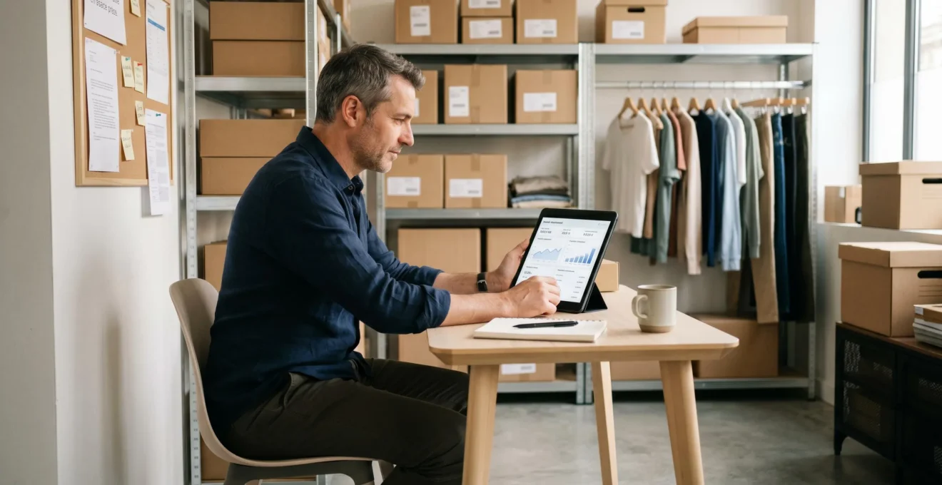 Gérant de boutique de prêt-à-porter consultant un tableau de bord de ventes sur tablette dans l'espace bureau de son commerce