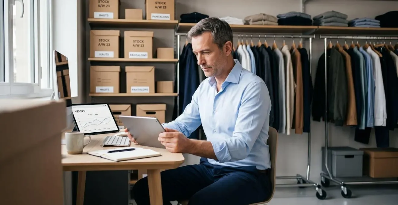 Gérant de boutique de prêt-à-porter consultant un tableau de bord de ventes sur tablette dans l'espace bureau de son commerce