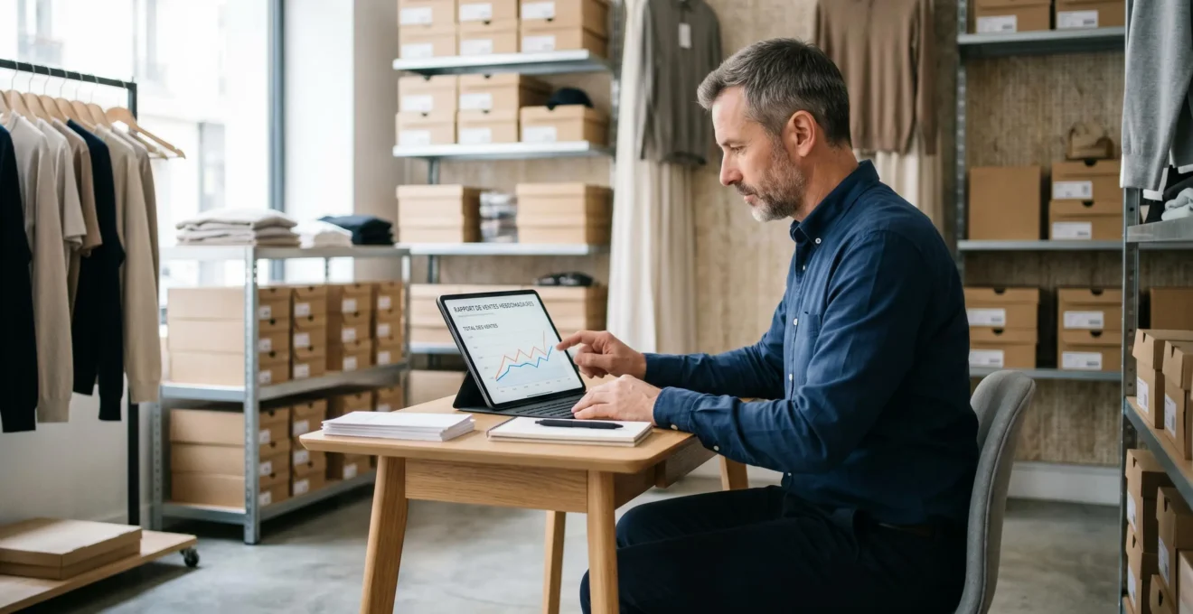 Gérant de boutique de prêt-à-porter consultant un tableau de bord de ventes sur tablette dans l'espace bureau de son commerce