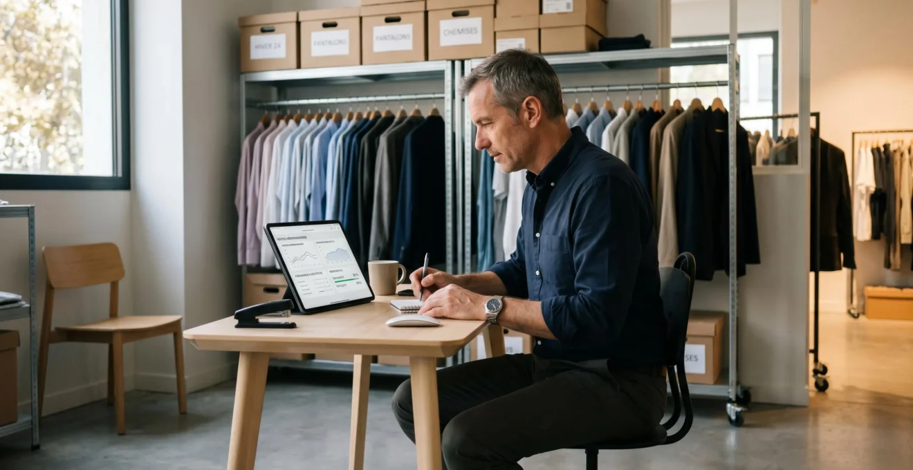 Gérant de boutique de prêt-à-porter consultant un tableau de bord de ventes sur tablette dans l'espace bureau de son commerce